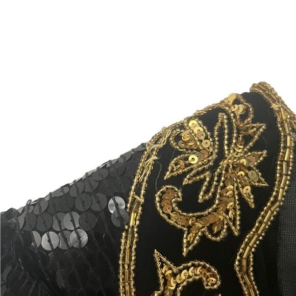 Judith Ann Creations Black & Gold 100% Silk Sequins Beaded Long Sleeve Gown Sz S - Picture 14 of 14